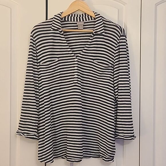Chico's Striped Linen Pocket Top Navy White Stripe Size 3 Petite - Picture 3 of 10